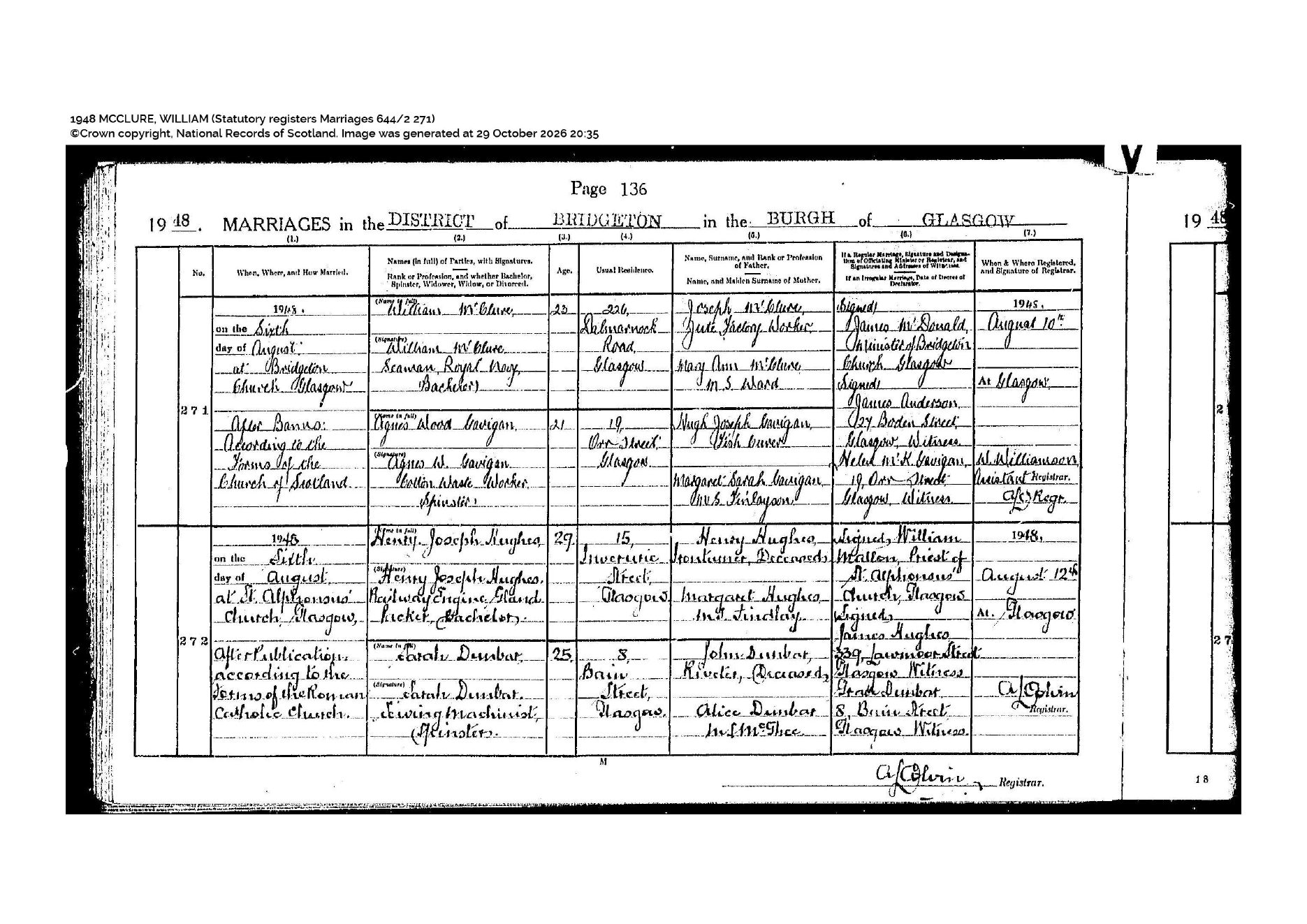 Marriage, 1948 โ William McClure Agnes gavigan marriage cert.pdf